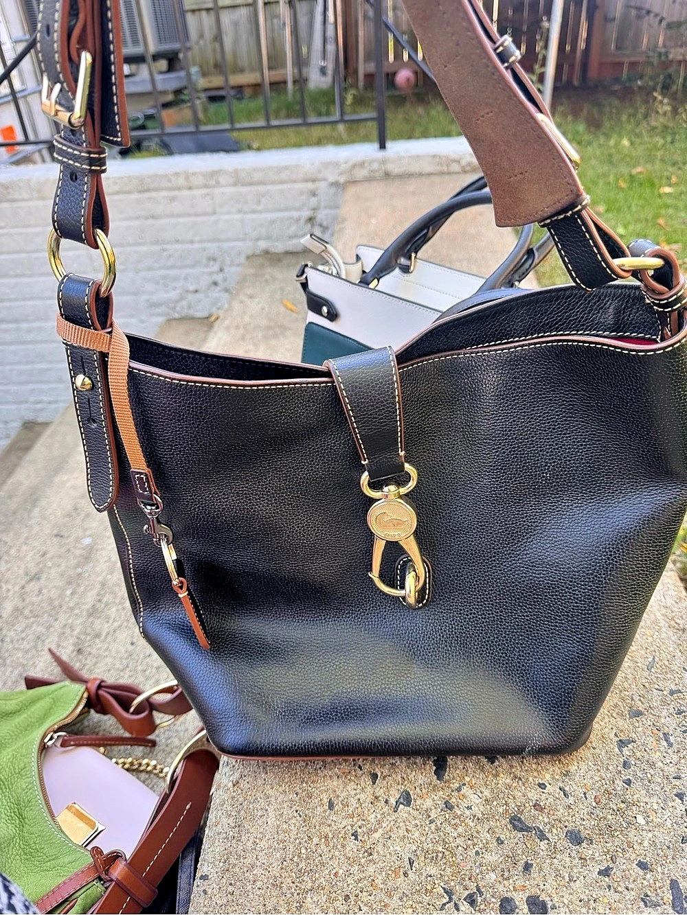 Dooney & Bourke Pebble Grain Drawstring Black & Brown Shoulder Bag